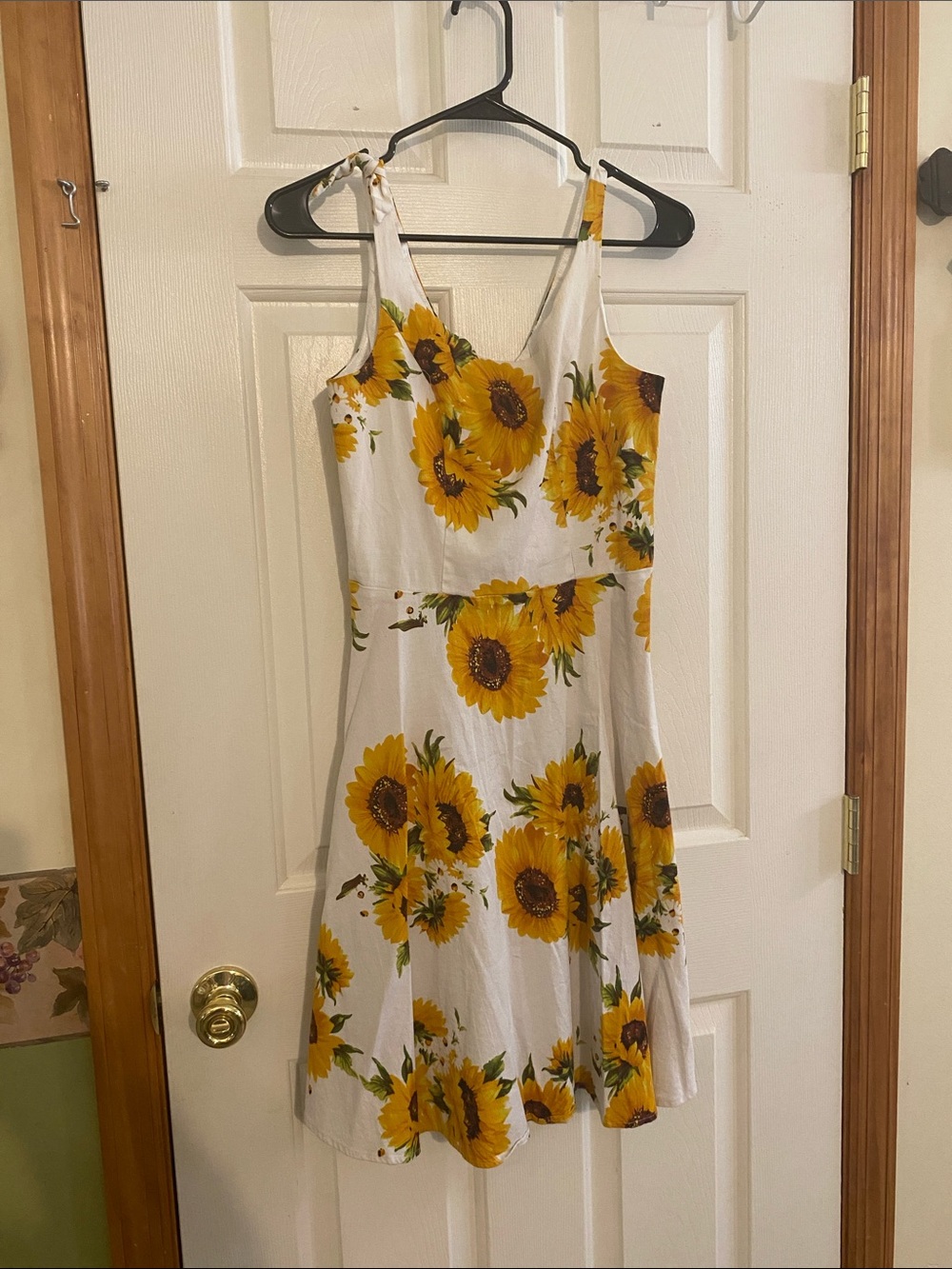 White Sunflower Print Mini Dress with Tie Straps